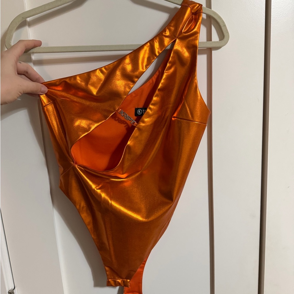 One-Shoulder Orange Metallic Bodysuit